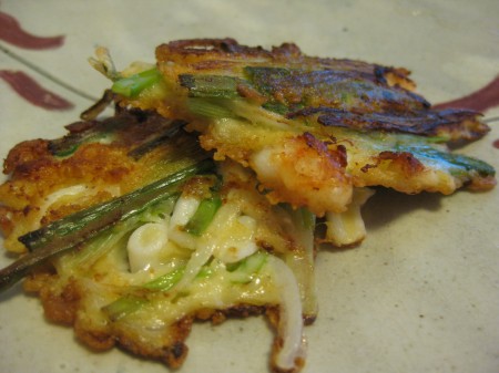 Scallion-seafood pancakes, also in Sharon's honor